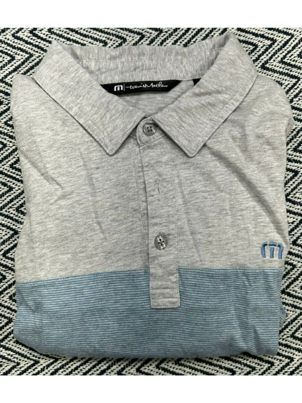 TravisMathew Mens Gray & Blue Striped Polo Shirt L Short Sleeve Cotton Blend